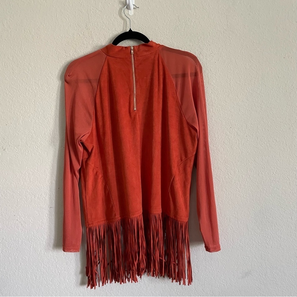 Midnight Velvet woman fringe orange top size XL sheer sleeve chic western - Picture 7 of 11